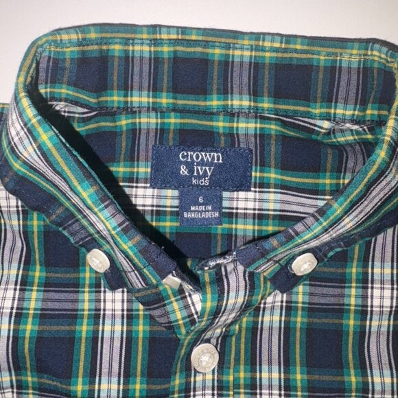 Crown & Ivy Boys Navy Green Tartan Plaid Size 6 Collared Button-Down Belk Preppy - Picture 3 of 8